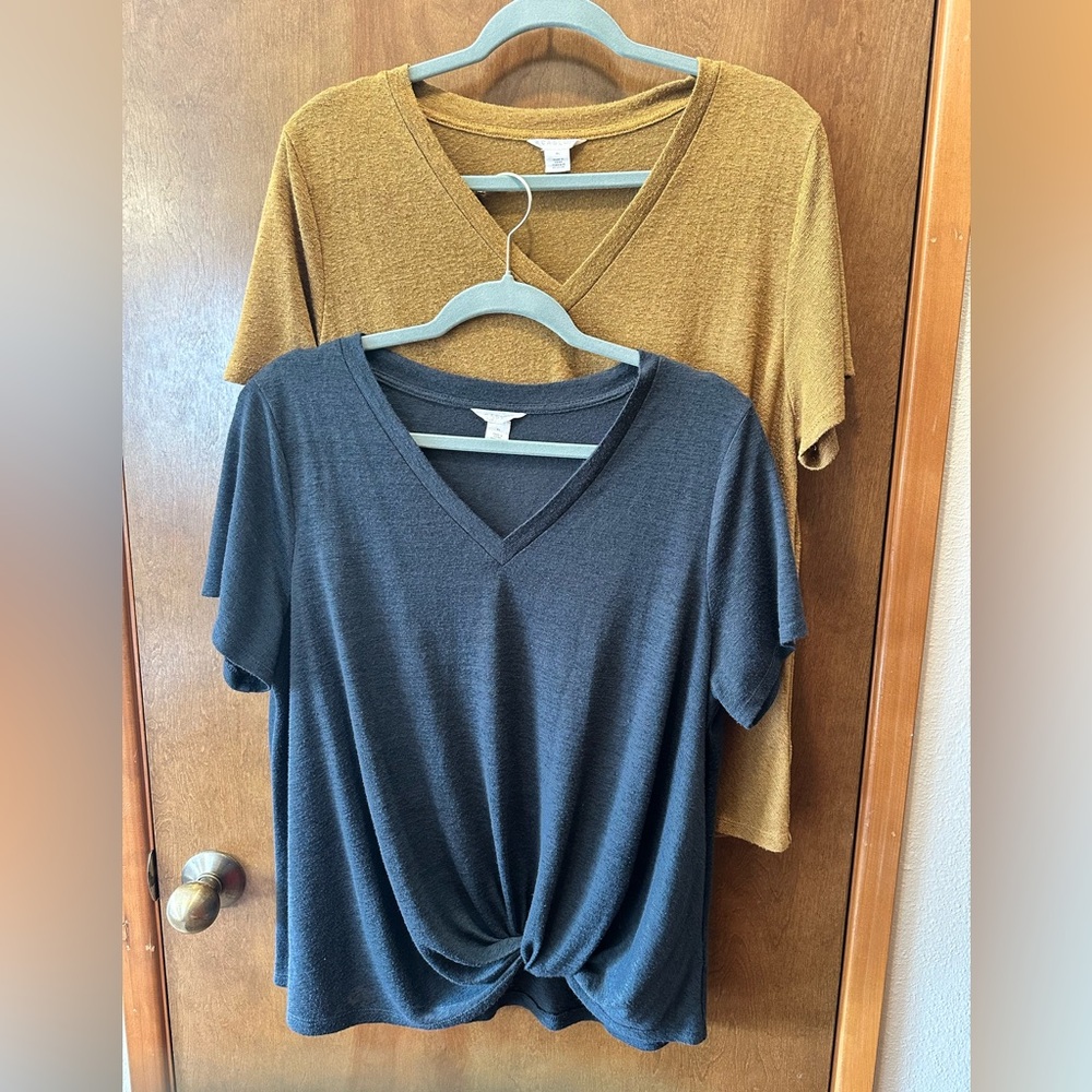2 Caslon V-Neck Twist Front Tops - Dark Blue and Mustard